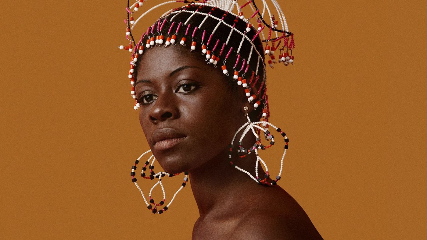 Model wearing a beaded headdress